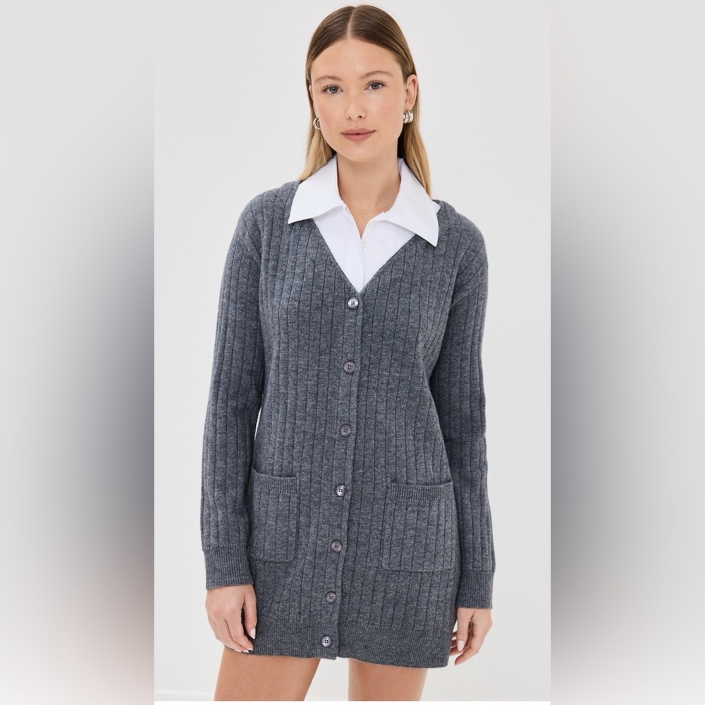STAUD Wallis Cardigan Dress | Size Large, Gray Dress with Removable Dickey Shirt